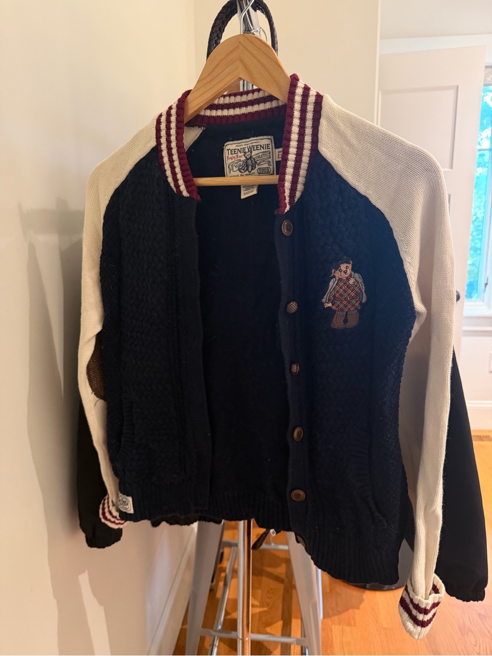 navy & cream cardigan with red stripes detailing & embroidered teddy bear